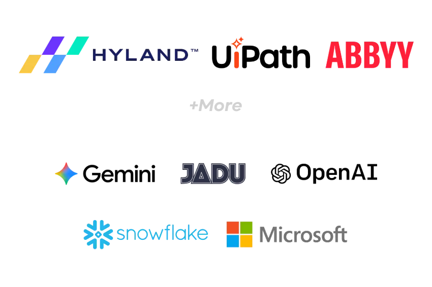 Logos of several technology companies, including Hyland, ABBYY, Snowflake, Microsoft, and others, arranged on a transparent background.