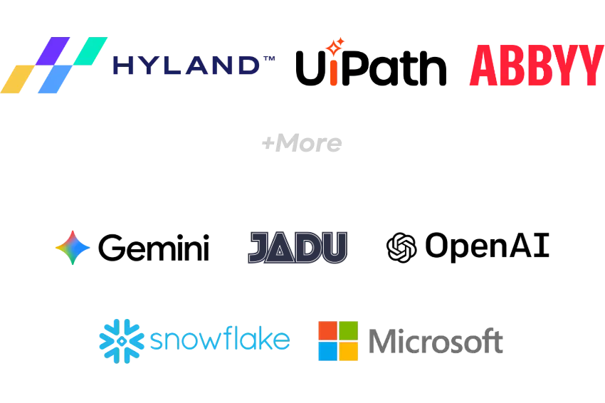 Logos of Hyland, ABBYY, snowflake, Microsoft, and other companies shown on a plain background.