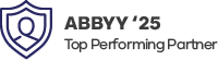 Logo with a blue shield icon and text reading "ABBYY '25 Top Performing Partner.