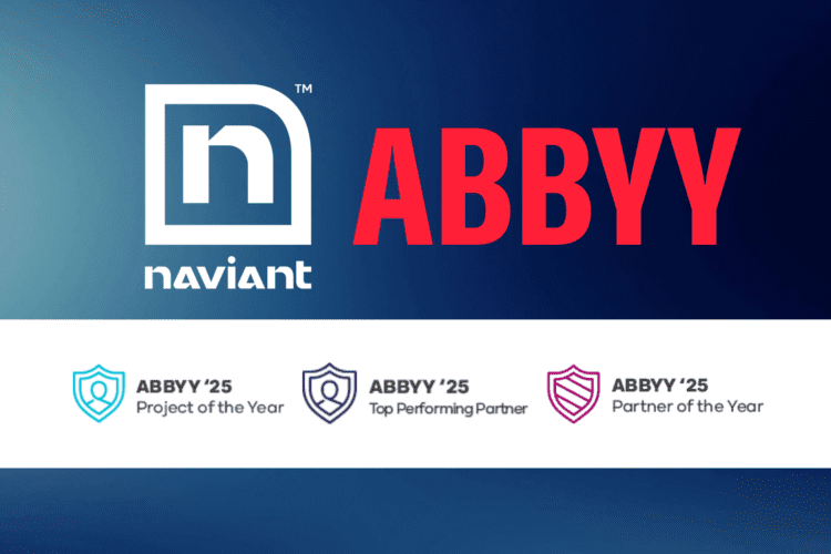Naviant and ABBYY logos above three ABBYY '25 award icons for Project of the Year, Top Performing Partner, and Partner of the Year.