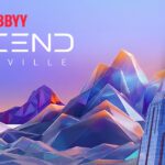 Colorful digital illustration of abstract mountains with "ABBYY ASCEND NASHVILLE" text and stylized Nashville skyscrapers on the right side.