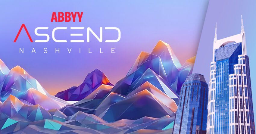 Colorful digital illustration of abstract mountains with "ABBYY ASCEND NASHVILLE" text and stylized Nashville skyscrapers on the right side.