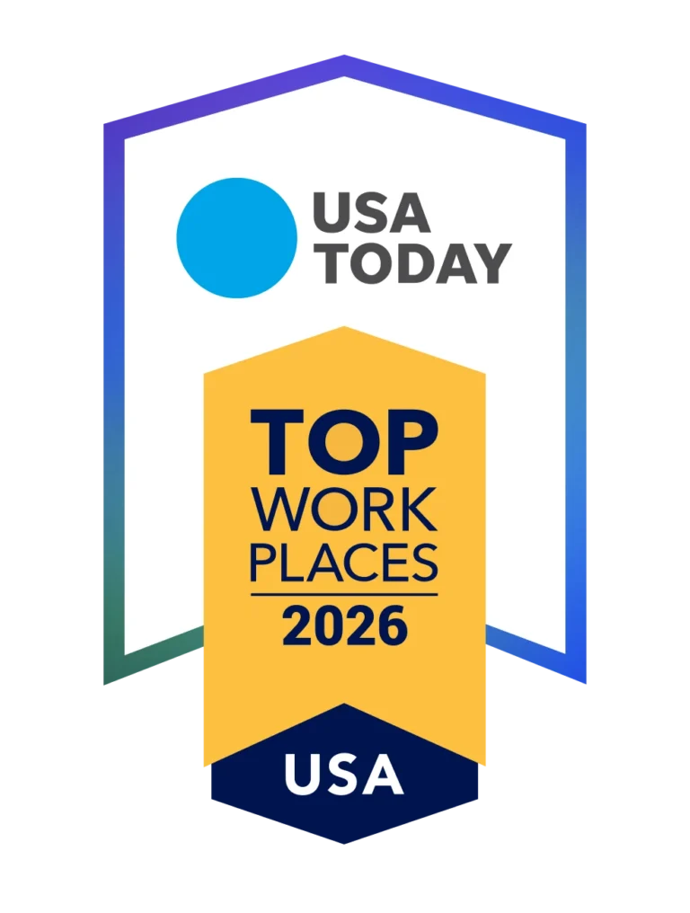 USA Today Top Workplaces 2026 badge with a blue circle logo and yellow banner displaying "USA" at the bottom.