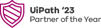 Magenta shield icon next to text that reads "UiPath '23 Partner of the Year" on a white background.