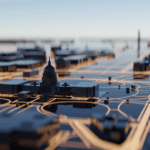 A stylized, miniature cityscape model with roads and buildings, including a domed structure at the center, under a clear sky.