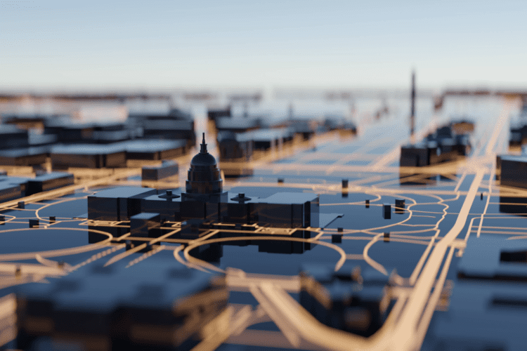 A stylized, miniature cityscape model with roads and buildings, including a domed structure at the center, under a clear sky.