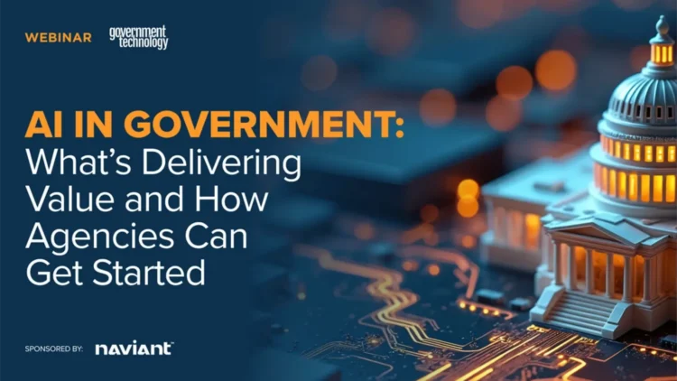 Webinar banner titled "AI in Government: What’s Delivering Value and How Agencies Can Get Started," featuring a digital image of the U.S. Capitol and circuit board.