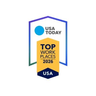 A badge with the text "USA TODAY Top Workplaces 2026 USA" on a white and yellow background.