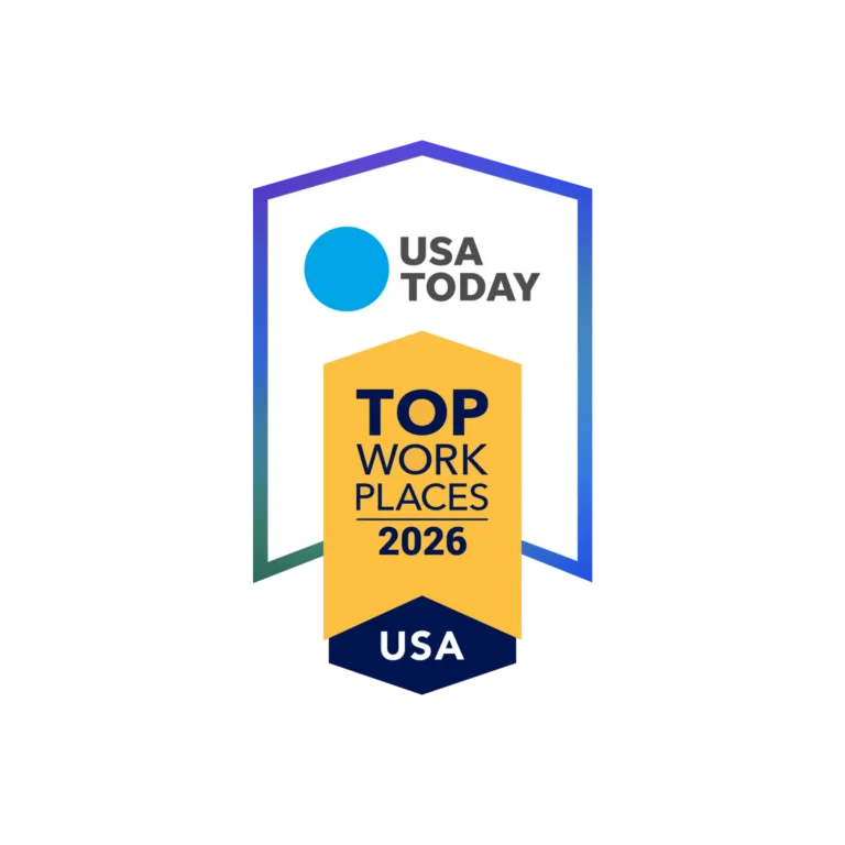 A badge with the text "USA TODAY Top Workplaces 2026 USA" on a white and yellow background.