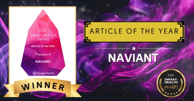 A digital award graphic shows Naviant winning the 2026 Swaya Health Award for Article of the Year, with a pink trophy icon and a gold "Winner" banner.