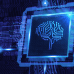 A glowing computer chip with a digital brain symbol in the center, surrounded by blue electronic circuit patterns.