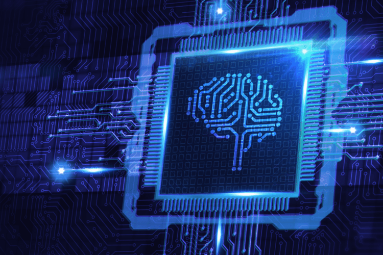 A glowing computer chip with a digital brain symbol in the center, surrounded by blue electronic circuit patterns.