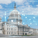 The U.S. Capitol building with digital circuit patterns and binary code overlay, symbolizing the intersection of government and technology.