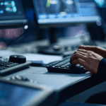 Person typing on a keyboard at a workstation with multiple computer monitors displaying data and graphics, demonstrating ai document classification and digital mailroom automation in action.