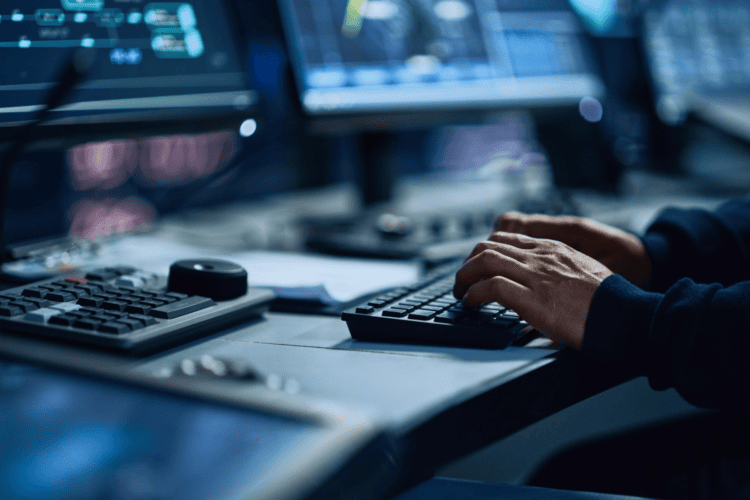 Person typing on a keyboard at a workstation with multiple computer monitors displaying data and graphics, demonstrating ai document classification and digital mailroom automation in action.
