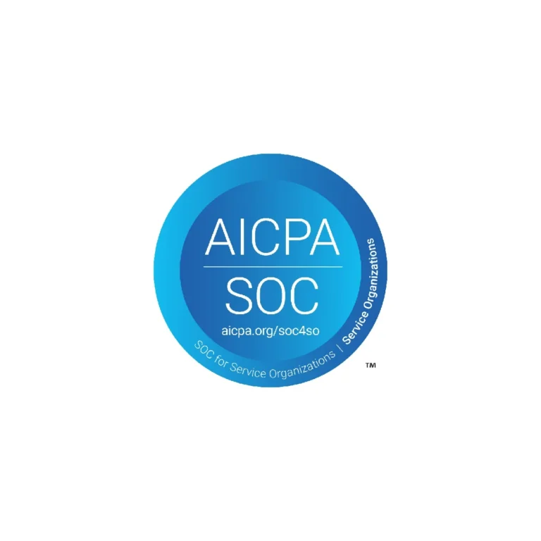 Blue circular logo with text: “AICPA SOC,” “aicpa.org/soc4so,” and “SOC for Service Organizations | Service Organizations” around the edge.