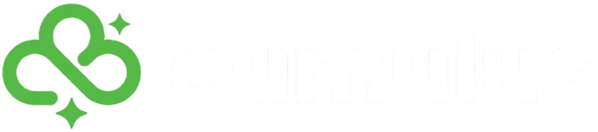 Green clover-shaped logo with two sparkles to the left of the word “cumulus” in bold, white lowercase letters on a light gray background.